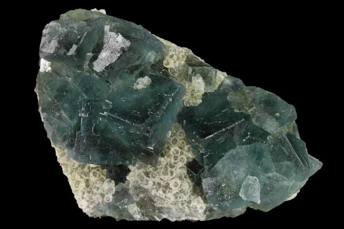 Cubic, Blue-Green Fluorite Crystals on Quartz - China #138072
